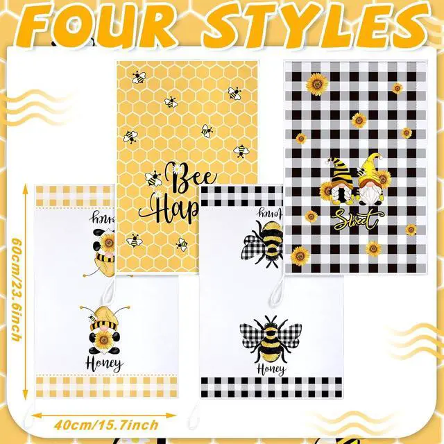 Alt view image 5 of 7 - Tegeme 4 Pcs Summer Bee Kitchen Tea Towels Honeycomb,White Yellow,Gnome | Absorbent 16x24 Inch Dish Towel Set, Summer Honeybee Decor for Kitchen Home, Soft Washcloth, Gift for Bee Lovers