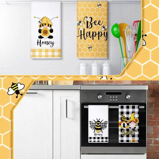 Alt view image 6 of 7 - Tegeme 4 Pcs Summer Bee Kitchen Tea Towels Honeycomb,White Yellow,Gnome | Absorbent 16x24 Inch Dish Towel Set, Summer Honeybee Decor for Kitchen Home, Soft Washcloth, Gift for Bee Lovers