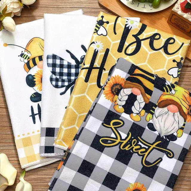 Alt view image 7 of 7 - Tegeme 4 Pcs Summer Bee Kitchen Tea Towels Honeycomb,White Yellow,Gnome | Absorbent 16x24 Inch Dish Towel Set, Summer Honeybee Decor for Kitchen Home, Soft Washcloth, Gift for Bee Lovers