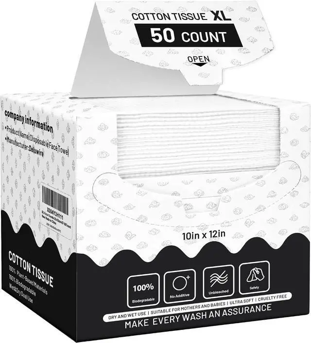 Main image of Face Towels Disposable XL 10"×12", Ultra Soft Facial Towels, 50 Count | Thick Biodegradable Face Towels, Plant Fiber Dry Wipes for Sensitive Skin, Makeup Remover & Face Cleansing