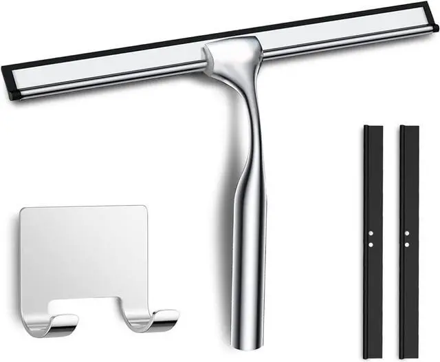 Main image of All-Purpose Shower Squeegee with Adhesive Hook for Cleaning Bathroom Glass Doors Car Window Mirrors and Tile Wall, Stainless Steel Handheld Glass Water Wiper Cleaner Removal Scraper Tool (Sliver, 10")
