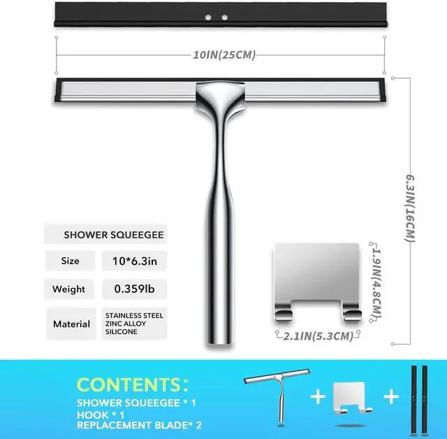 Alt view image 2 of 7 - All-Purpose Shower Squeegee with Adhesive Hook for Cleaning Bathroom Glass Doors Car Window Mirrors and Tile Wall, Stainless Steel Handheld Glass Water Wiper Cleaner Removal Scraper Tool (Sliver, 10")