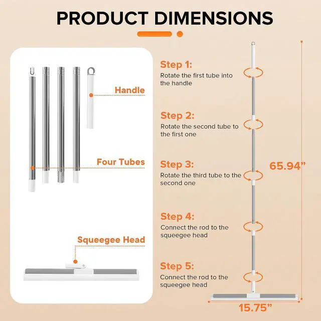 Alt view image 3 of 7 - Silicone Squeegee for Floor, 180° Rotating Squeegee Broom, Floor Squeegee with a Long Handle, Squeegee for Water and Pet Hair Removal on Bathroom Floors, Tile, Glass, Indoor Window Cleaning Tool