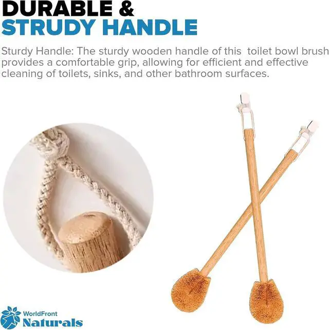 Alt view image 4 of 7 - Naturals Toilet Bowl Brush - Natural Coconut Fiber Golf Head & Long Wooden Handle for Effective Cleaning for Bathroom Toilet - Eco-Friendly & Durable - 2 Pack Brushes with 2 Wall Hooks
