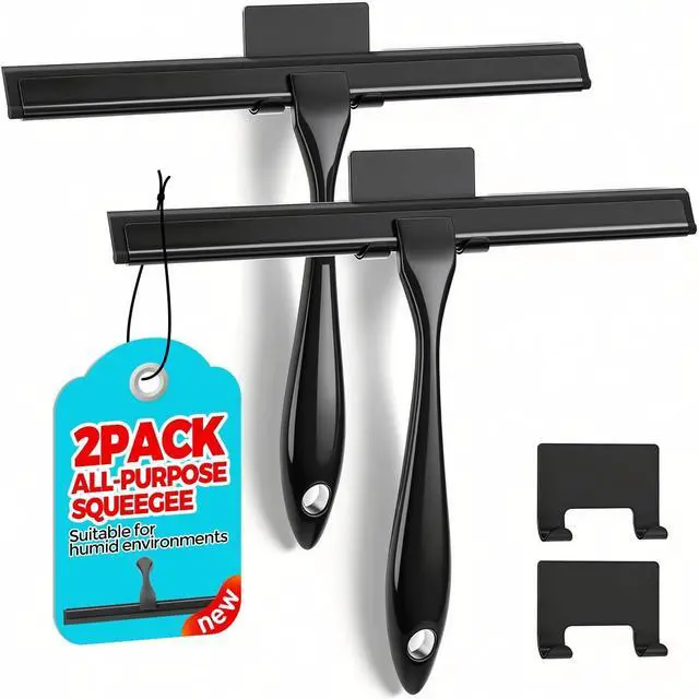 Main image of ALFLOD 2pcs Shower Squeegee for Glass Doors with Adhesive Hanging Hook Set | 10 Black, Bathroom Accessories, Window Cleaner, New Home Essentials, Soft Rubber Blade, Metal Handle, Ergonomic Grip