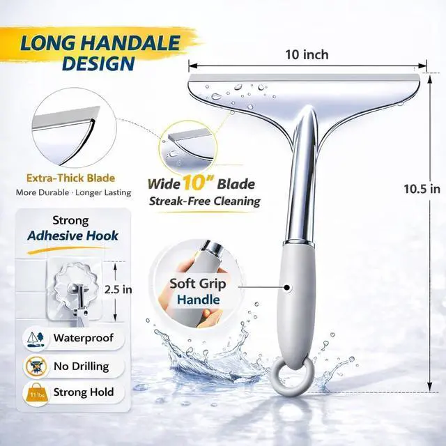 Alt view image 2 of 7 - Shower Squeegee for Glass Shower Doors Bathroom Tile Mirror Streak-Free Silent Window Cleaner with Non-Slip Handle and Adhesive Hook for Car and Home Cleaning