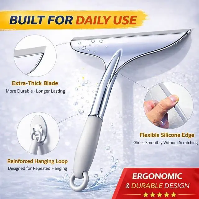 Alt view image 3 of 7 - Shower Squeegee for Glass Shower Doors Bathroom Tile Mirror Streak-Free Silent Window Cleaner with Non-Slip Handle and Adhesive Hook for Car and Home Cleaning