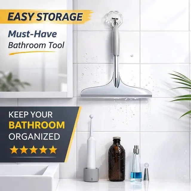 Alt view image 5 of 7 - Shower Squeegee for Glass Shower Doors Bathroom Tile Mirror Streak-Free Silent Window Cleaner with Non-Slip Handle and Adhesive Hook for Car and Home Cleaning