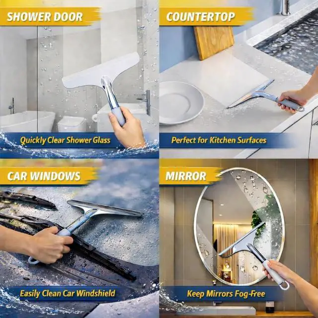 Alt view image 7 of 7 - Shower Squeegee for Glass Shower Doors Bathroom Tile Mirror Streak-Free Silent Window Cleaner with Non-Slip Handle and Adhesive Hook for Car and Home Cleaning