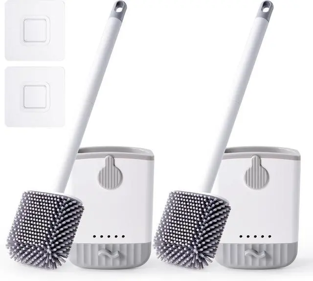 Main image of Silicone Toilet Bowl Brush with Holder, 2 Pack, White | Ventilated Holder, Floor Standing & Wall Mounted, Toilet Cleaner Brush for RV Travel, Camper, Family Bathroom