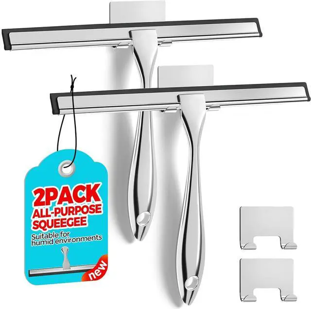 Main image of ALFLOD 2pcs Shower Squeegee for Glass Doors with Adhesive Hanging Hook Set | 10 Silver, Bathroom Accessories, Window Cleaner, New Home Essentials, Soft Rubber Blade, Metal Handle, Ergonomic Grip