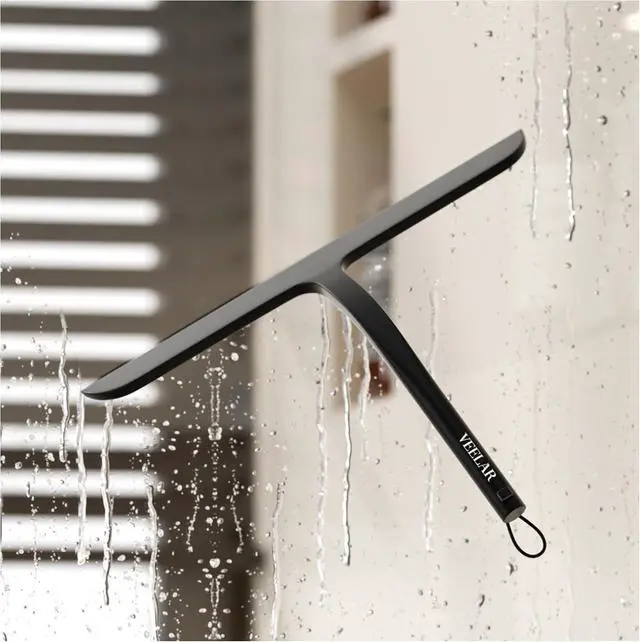 Alt view image 2 of 7 - Shower Squeegee for Shower Glass, Bathroom Glass Cleaning Tool with Hook Mount, Squeegee for Glass Doors, Window Cleaning, Tile Shower Walls (Black)
