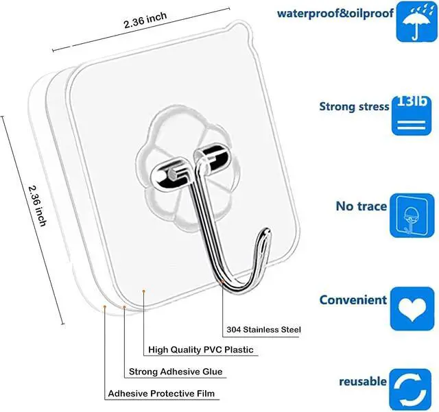 Alt view image 4 of 6 - Adhesive Hooks Kitchen Wall Hooks - 24 Packs Heavy Duty 24lb(Max) Nail Free Transparent,Waterproof,Sticky Stainless Hangers for Keys,Bathroom, Shower, Outdoor, Kitchen,Door,Home Improvement,Utility