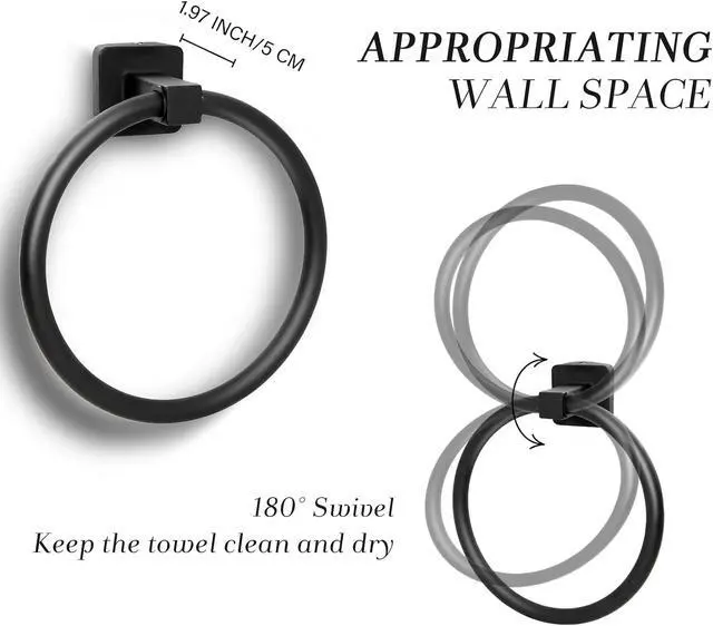 Alt view image 3 of 6 - Towel Holder for Bathroom Wall Matte Black Towel Ring Hand Towel Holder Stainless Steel Heavy Duty Towel Hanger for Bath, Kitchen (Black)