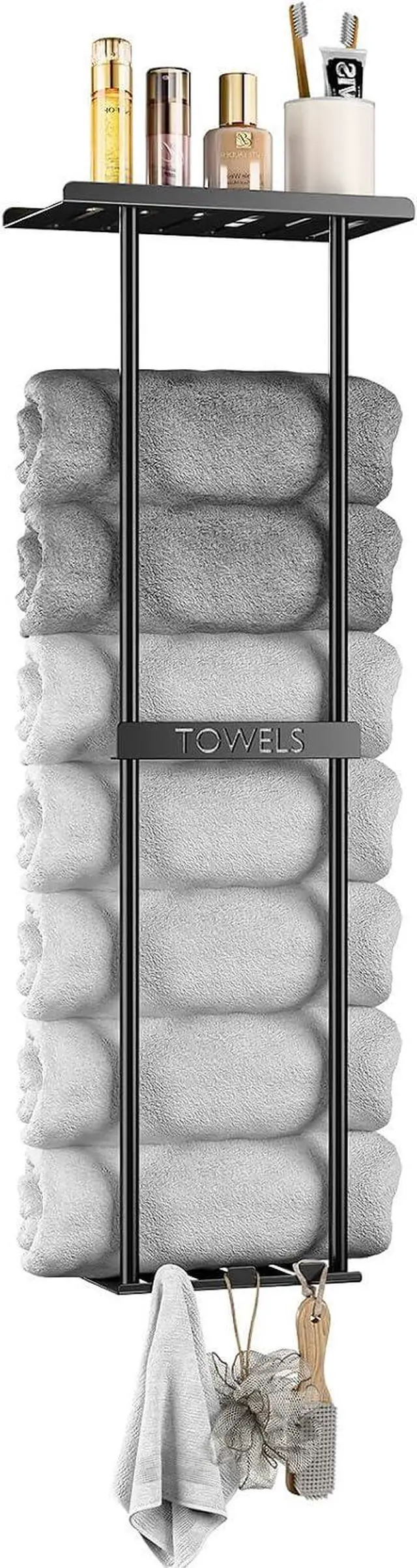 Main image of Towel Racks for Bathroom, Wall Mounted Black Metal Towel Holder with Top Shelf & 3 Hooks, Holds 4 Large Bath Towels, Towel Storage Organizer for Small Bathroom, Apartment, RV