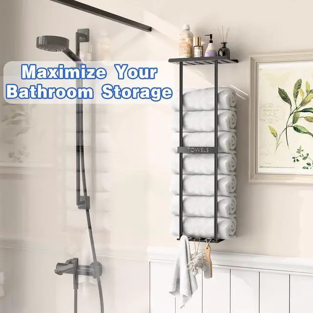 Alt view image 2 of 7 - Towel Racks for Bathroom, Wall Mounted Black Metal Towel Holder with Top Shelf & 3 Hooks, Holds 4 Large Bath Towels, Towel Storage Organizer for Small Bathroom, Apartment, RV
