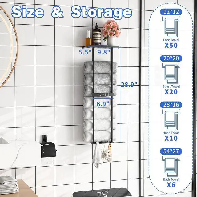 Alt view image 3 of 7 - Towel Racks for Bathroom, Wall Mounted Black Metal Towel Holder with Top Shelf & 3 Hooks, Holds 4 Large Bath Towels, Towel Storage Organizer for Small Bathroom, Apartment, RV