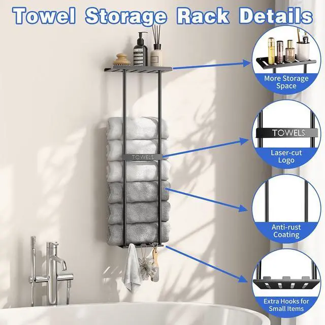 Alt view image 4 of 7 - Towel Racks for Bathroom, Wall Mounted Black Metal Towel Holder with Top Shelf & 3 Hooks, Holds 4 Large Bath Towels, Towel Storage Organizer for Small Bathroom, Apartment, RV
