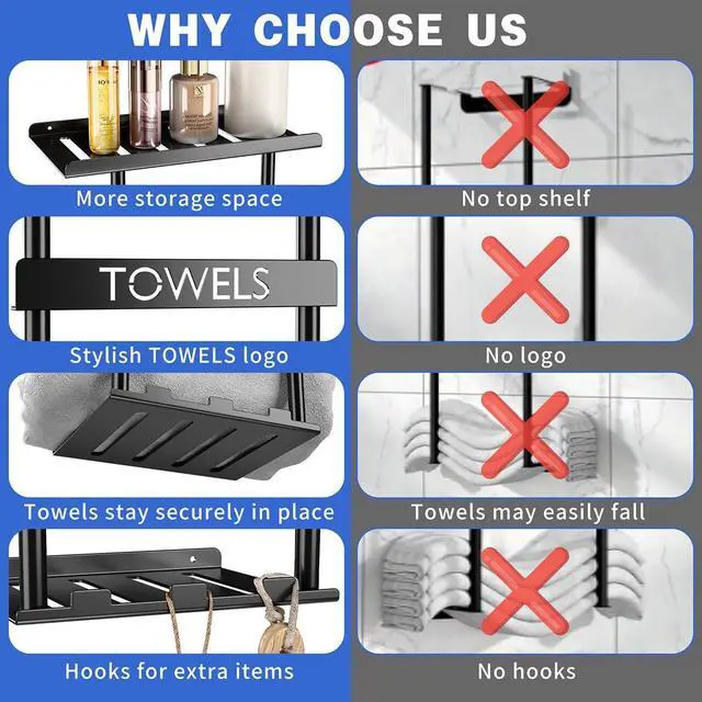 Alt view image 5 of 7 - Towel Racks for Bathroom, Wall Mounted Black Metal Towel Holder with Top Shelf & 3 Hooks, Holds 4 Large Bath Towels, Towel Storage Organizer for Small Bathroom, Apartment, RV