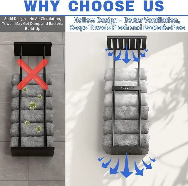 Alt view image 6 of 7 - Towel Racks for Bathroom, Wall Mounted Black Metal Towel Holder with Top Shelf & 3 Hooks, Holds 4 Large Bath Towels, Towel Storage Organizer for Small Bathroom, Apartment, RV