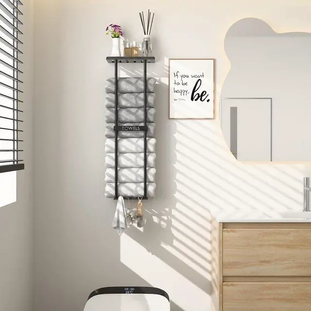 Alt view image 7 of 7 - Towel Racks for Bathroom, Wall Mounted Black Metal Towel Holder with Top Shelf & 3 Hooks, Holds 4 Large Bath Towels, Towel Storage Organizer for Small Bathroom, Apartment, RV