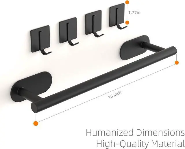 Alt view image 4 of 6 - Batur 5 Pack Towel Holder, Towel Racks for Bathroom Self Adhesive, 16" Towel Bar with 4 Pack Towel Hooks, Premium Hand Towel Holder, Heavy Duty Towel Hanger Shower Rack Wall Mounted, Black