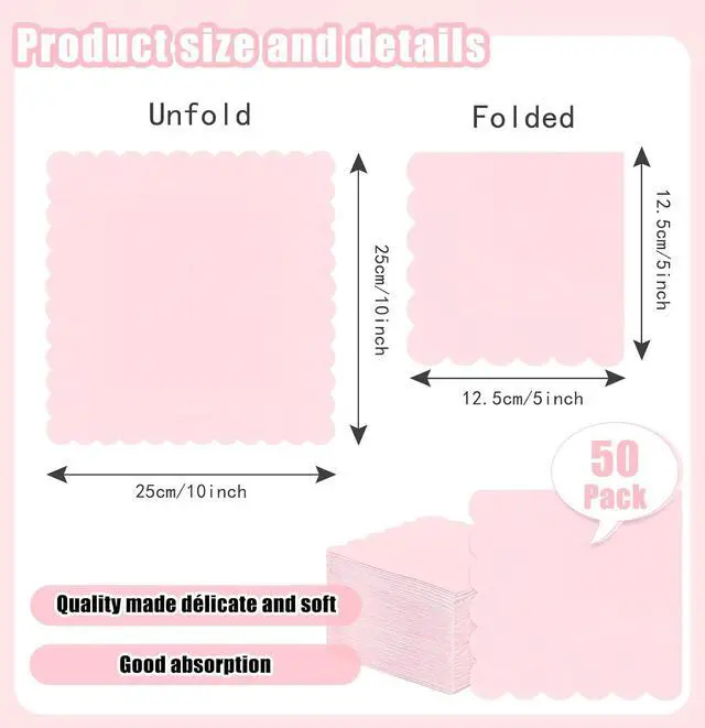 Alt view image 3 of 7 - SietDESEO 50 Pieces Light Pink Scalloped Napkins Disposable 3-Ply Pink Cocktail Napkins Paper Dinner Napkin for Birthday Baby Shower Wedding Party Beverage Napkin