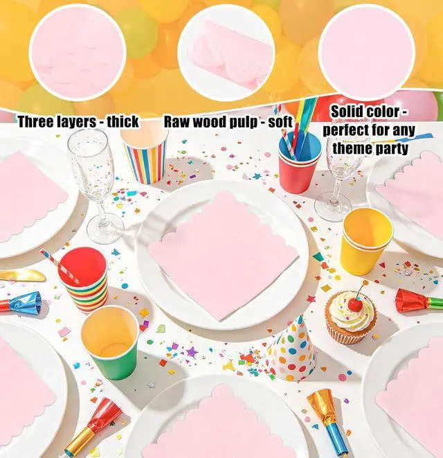 Alt view image 4 of 7 - SietDESEO 50 Pieces Light Pink Scalloped Napkins Disposable 3-Ply Pink Cocktail Napkins Paper Dinner Napkin for Birthday Baby Shower Wedding Party Beverage Napkin