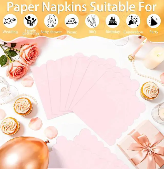 Alt view image 6 of 7 - SietDESEO 50 Pieces Light Pink Scalloped Napkins Disposable 3-Ply Pink Cocktail Napkins Paper Dinner Napkin for Birthday Baby Shower Wedding Party Beverage Napkin
