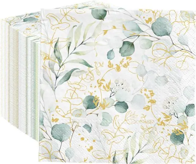 Main image of PAW - 100 Pack Floral Cocktail Napkins 5'' x 5'', Disposable Beverage Napkins with Golden Eucalyptus Motive, Floral Towels for Wedding, Birthday, Bridal Party, Decoupage, Decorative Supplies