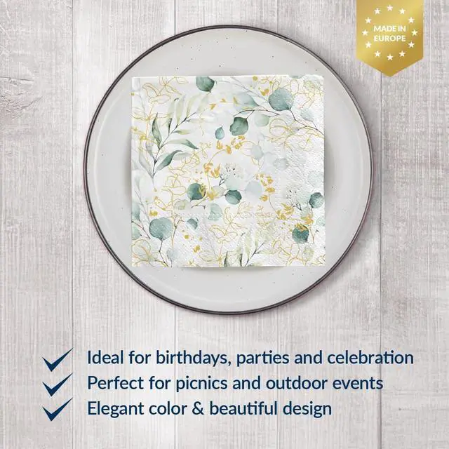 Alt view image 2 of 7 - PAW - 100 Pack Floral Cocktail Napkins 5'' x 5'', Disposable Beverage Napkins with Golden Eucalyptus Motive, Floral Towels for Wedding, Birthday, Bridal Party, Decoupage, Decorative Supplies