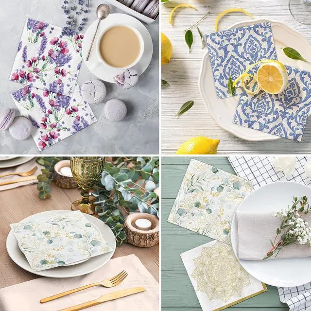 Alt view image 7 of 7 - PAW - 100 Pack Floral Cocktail Napkins 5'' x 5'', Disposable Beverage Napkins with Golden Eucalyptus Motive, Floral Towels for Wedding, Birthday, Bridal Party, Decoupage, Decorative Supplies