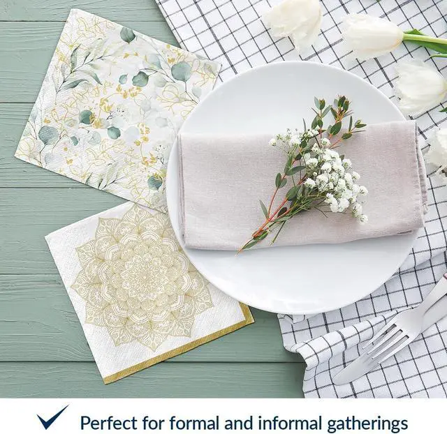 Alt view image 5 of 7 - PAW - 100 Pack Floral Cocktail Napkins 5'' x 5'', Disposable Beverage Napkins with Golden Eucalyptus Motive, Floral Towels for Wedding, Birthday, Bridal Party, Decoupage, Decorative Supplies