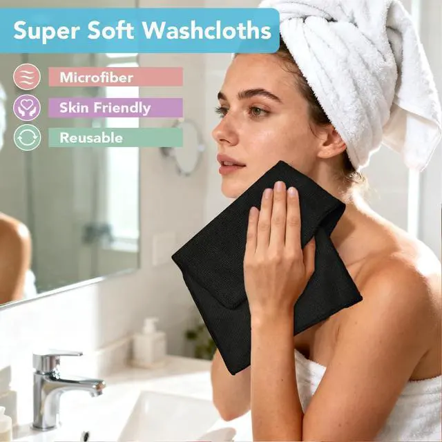 Alt view image 4 of 7 - Orighty Washcloths, 5 Pack Microfiber Face Towels, 12x12 Inch Black | Highly Absorbent & Soft Feel, Multi-Purpose Wash Cloths & Hand Towels for Bathroom, Hotel, Spa, and Gym