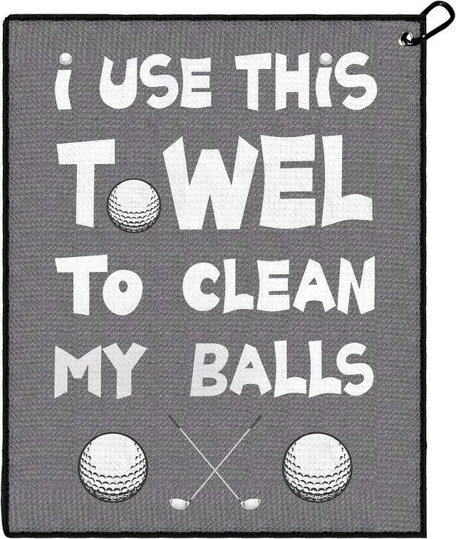 Main image of Funny Printed Golf Towel with Clip, Golf Gift for Men Dad Husband Gray | "Clean My Balls" funny slogan, soft absorbent fabric, durable clip for golf bag, great gift for dad, husband and golf lovers