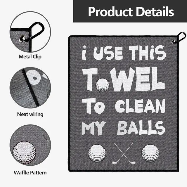 Alt view image 3 of 6 - Funny Printed Golf Towel with Clip, Golf Gift for Men Dad Husband Gray | "Clean My Balls" funny slogan, soft absorbent fabric, durable clip for golf bag, great gift for dad, husband and golf lovers