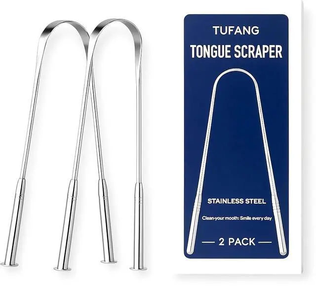 Main image of Stainless Steel Tongue Scraper (2 pack) - Rust - Resistant Metal Tongue Cleaner For Adults Bad Breath Removal Tool - Oral Hygiene Kit