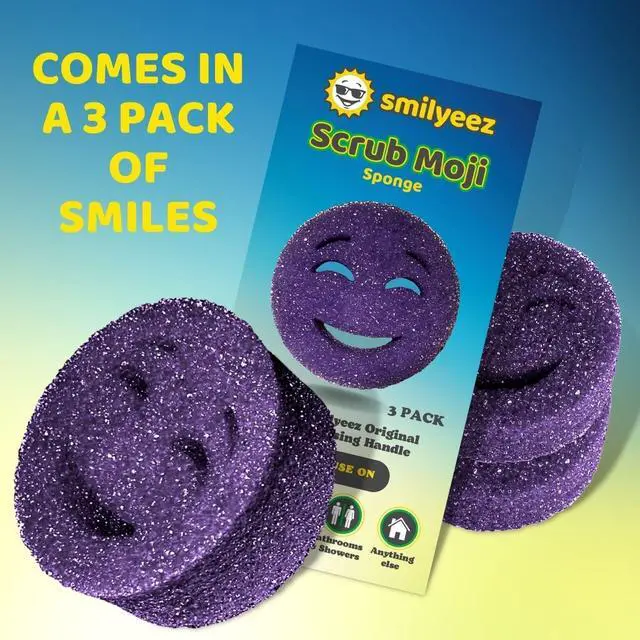 Alt view image 3 of 7 - The Original Scrub Moji Scrubbing Sponge by Smilyeez (Set of 3) - Purple - Temperature-Responsive Polymer Foam, Stain and Odor Resistant, Ideal for Kitchen and Bathroom Cleaning