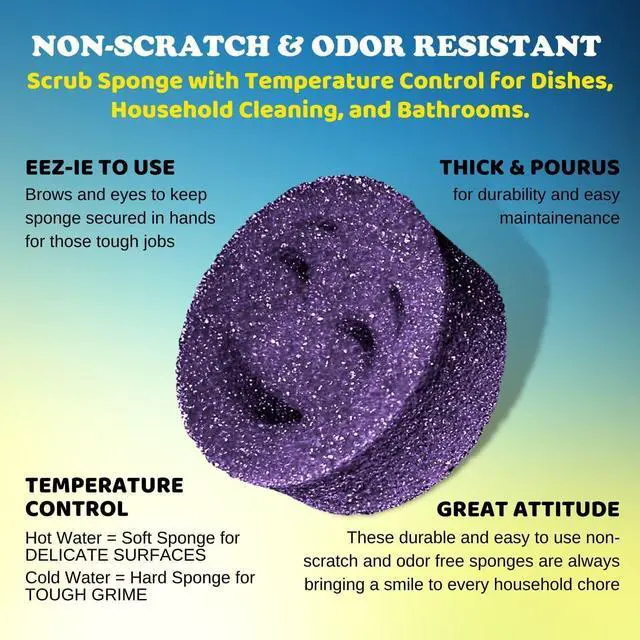Alt view image 4 of 7 - The Original Scrub Moji Scrubbing Sponge by Smilyeez (Set of 3) - Purple - Temperature-Responsive Polymer Foam, Stain and Odor Resistant, Ideal for Kitchen and Bathroom Cleaning