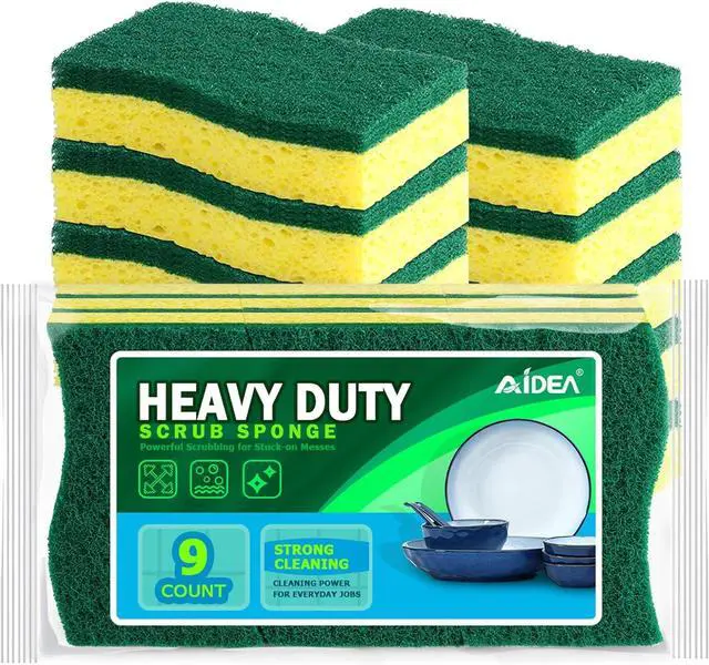 Main image of AIDEA Sponges Kitchen, 9Count, Dish Sponges, Heavy-Duty Scrub Sponge | Kitchen Sponge for Non-Coated Cookware, Scrubbing Power for Tough Messes, Cleaning Sponge for Kitchen, Bathroom, Household