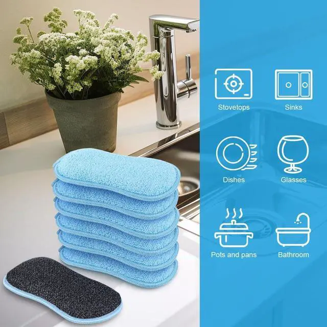 Alt view image 6 of 7 - HOMEXCEL Dish Sponge 12 PK, Microfiber Kitchen Sponges for Cleaning, Blue | Non Scratch Microfiber Sponges for Washing Dishes, Double-Sided Scrub Sponge for Pots, Pans, Glass