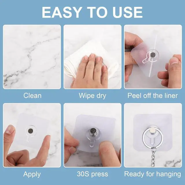 Alt view image 5 of 7 - 30 Pcs Self Adhesive Wall Hooks No Drill Hooks for Hanging, No-Trace Sticker Frame Hangers Without Nails for Mount Wall Shelf, Bathroom, Heavy Duty Adhesive Wall Hooks for Kitchen (30, m)
