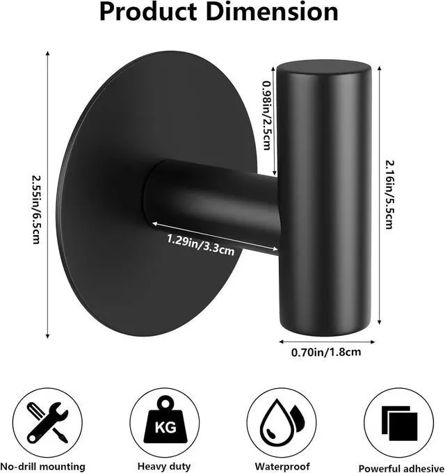 Alt view image 2 of 7 - Self-Adhesive Coat Hooks, Stainless Steel Heavy Duty Wall Hooks, Towel Hooks for Hanging Robes, Aprons, Coats and Hats in Bathrooms,Kitchens and Hotels(2 Pack, Black)