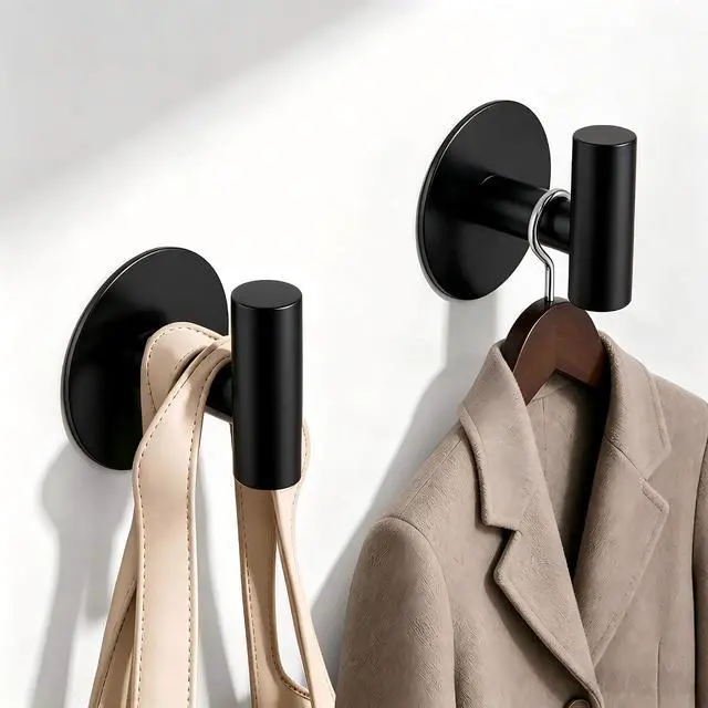 Alt view image 3 of 7 - Self-Adhesive Coat Hooks, Stainless Steel Heavy Duty Wall Hooks, Towel Hooks for Hanging Robes, Aprons, Coats and Hats in Bathrooms,Kitchens and Hotels(2 Pack, Black)