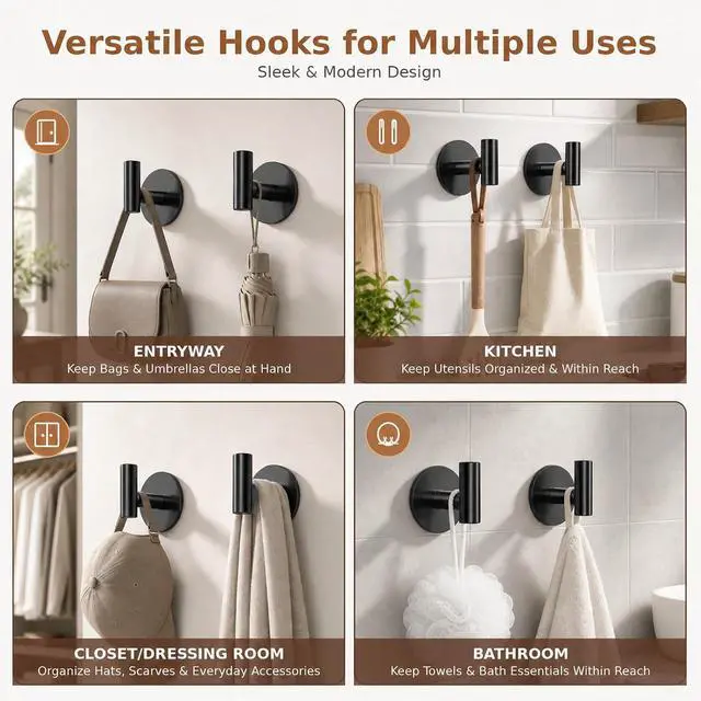 Alt view image 4 of 7 - Self-Adhesive Coat Hooks, Stainless Steel Heavy Duty Wall Hooks, Towel Hooks for Hanging Robes, Aprons, Coats and Hats in Bathrooms,Kitchens and Hotels(2 Pack, Black)