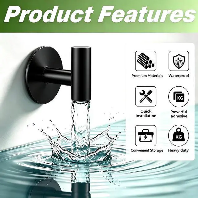 Alt view image 5 of 7 - Self-Adhesive Coat Hooks, Stainless Steel Heavy Duty Wall Hooks, Towel Hooks for Hanging Robes, Aprons, Coats and Hats in Bathrooms,Kitchens and Hotels(2 Pack, Black)