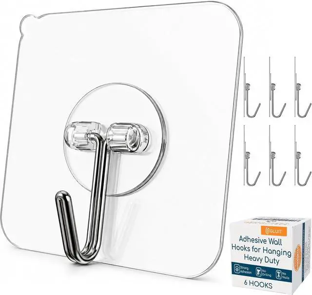 Main image of GLUIT Adhesive Wall Hooks for Hanging, Heavy Duty No Drill, 22 lbs, 6 Pack | GLUIT Adhesive Wall Hooks for Hanging, Transparent Waterproof Sticky Towel Hook for Bathroom Kitchen Home Outdoor