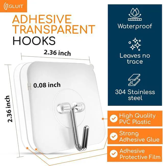 Alt view image 3 of 7 - GLUIT Adhesive Wall Hooks for Hanging, Heavy Duty No Drill, 22 lbs, 6 Pack | GLUIT Adhesive Wall Hooks for Hanging, Transparent Waterproof Sticky Towel Hook for Bathroom Kitchen Home Outdoor