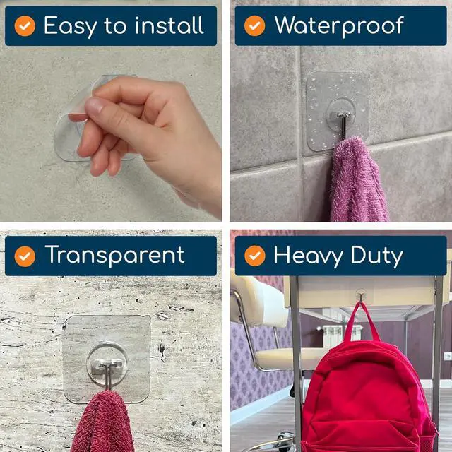 Alt view image 6 of 7 - GLUIT Adhesive Wall Hooks for Hanging, Heavy Duty No Drill, 22 lbs, 6 Pack | GLUIT Adhesive Wall Hooks for Hanging, Transparent Waterproof Sticky Towel Hook for Bathroom Kitchen Home Outdoor