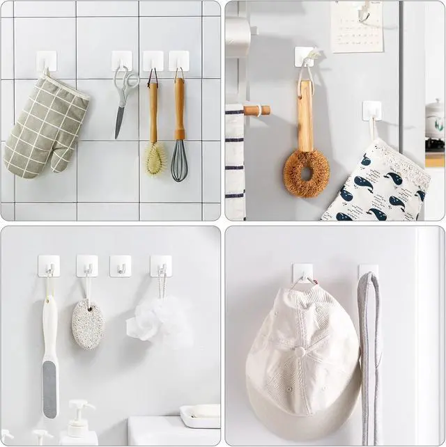 Alt view image 2 of 7 - VIS'V Adhesive Hooks, Small Shower Wall Stick on Hooks, White, 4 Pcs | Metal Material, Compact Design, Peel and Stick, 2 Extra Adhesive Strips, for Bathroom Kitchen Livingroom Office RV